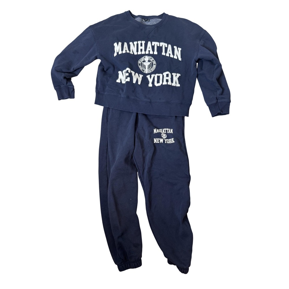 Zara Set Womens Small‎ Blue Manhattan New York Sweatshirt Joggers Fleece 2 Piece